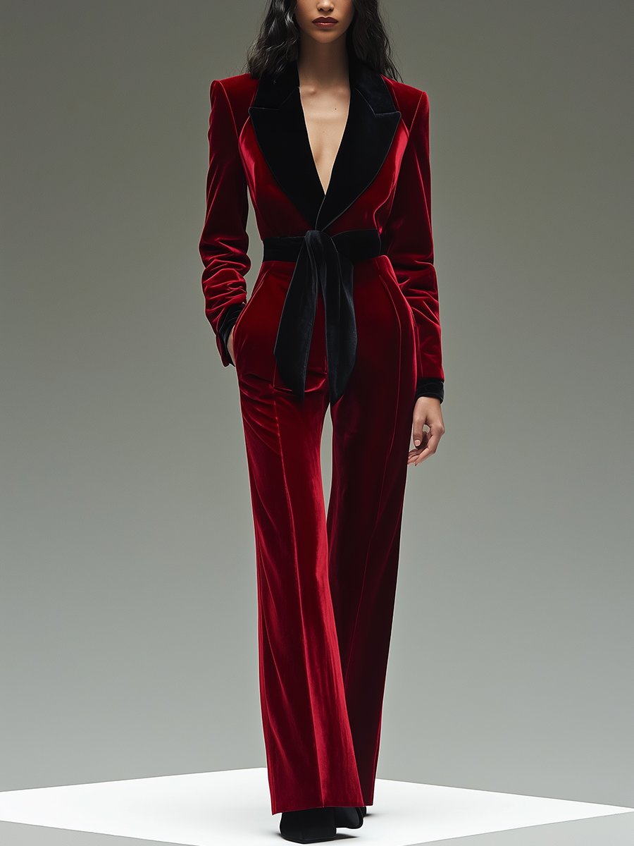[24-hour shipping out]Retro Fashion Lapel Belt Different Color Velvet Stitching Jumpsuit