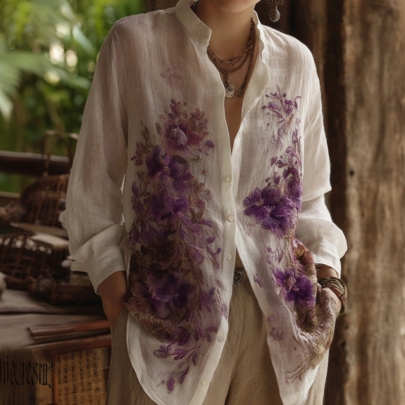 Women's Bohemian Floral Embroidered Linen Shirt