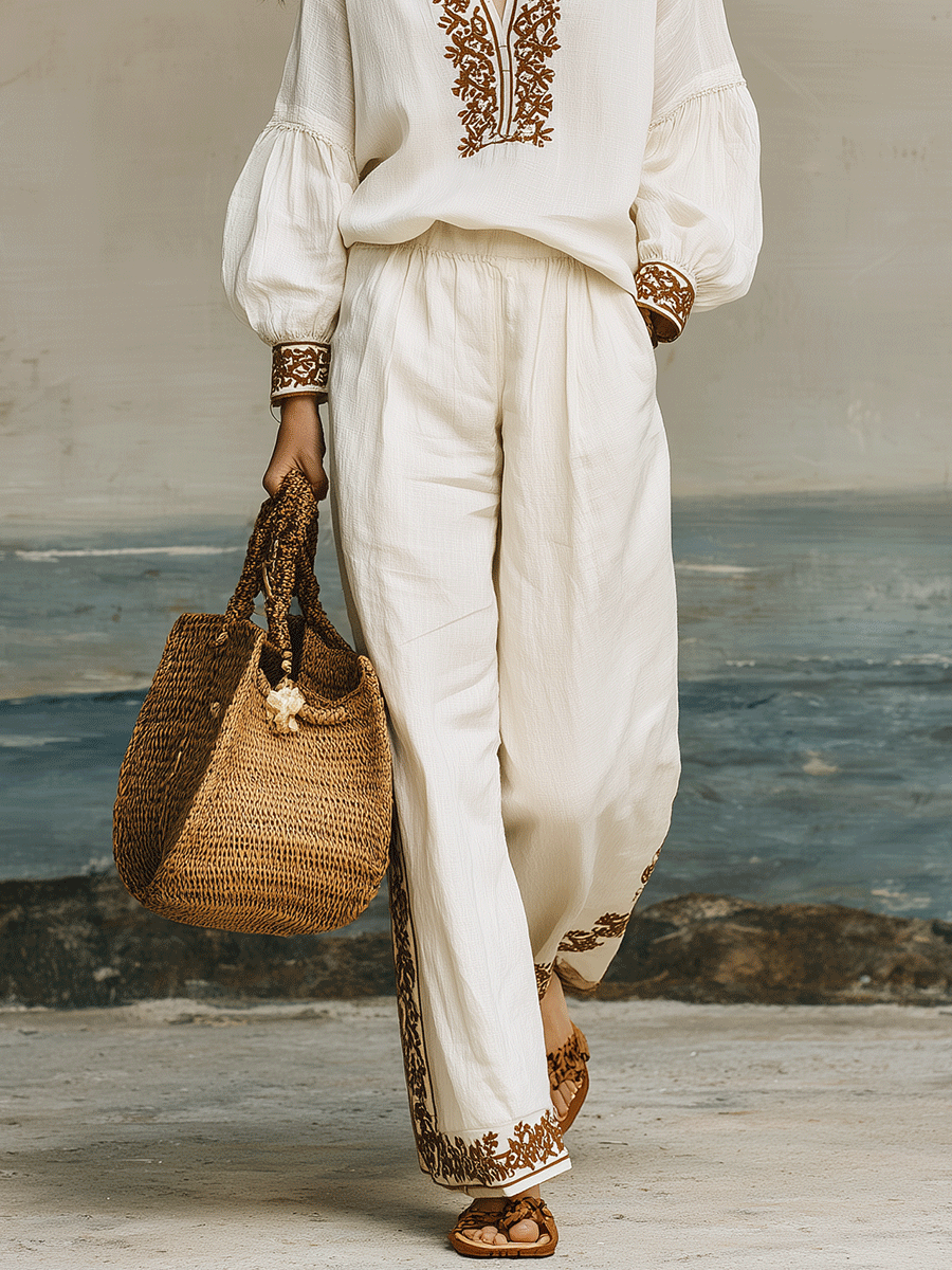 Elegant Vacation Linen Artisan Embroidery Wide-Leg Set