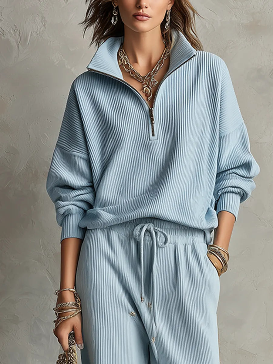 Casual Blue Knit Textured Trousers Set