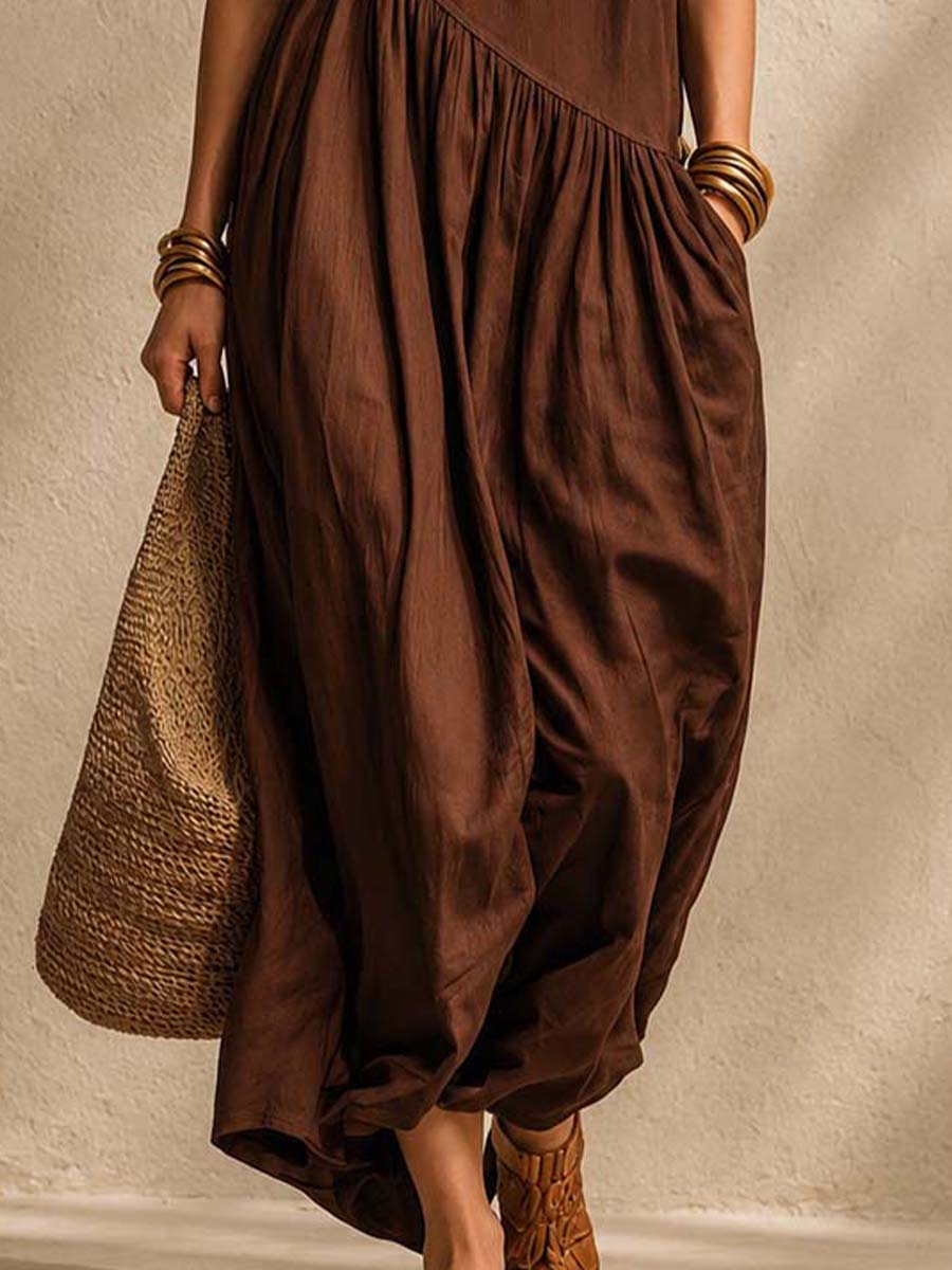 Old Money Wind Tencel Blend Linen Asymmetrical Cut Shirt Mid-Length Dress