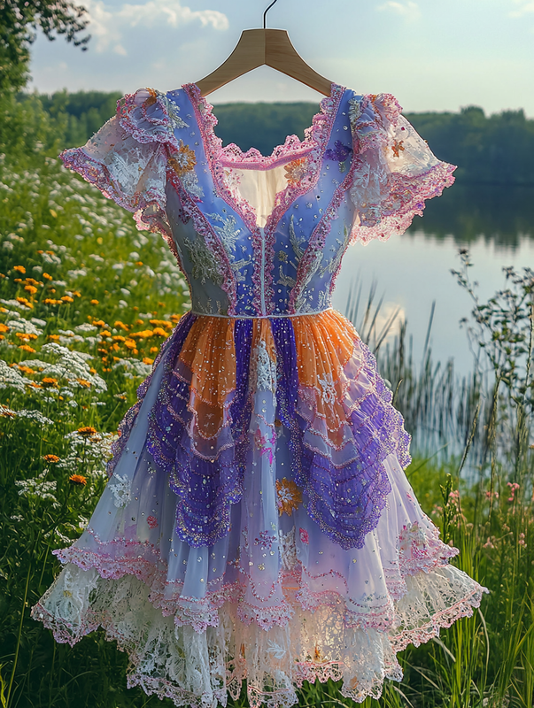 Summer Vacation Ruffle Lace Contrast Color Dress 0b6e