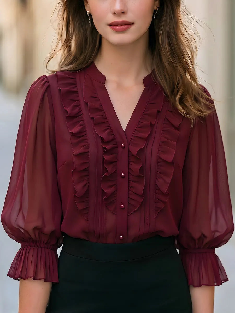 Ruffled V-Neck Chiffon Blouse