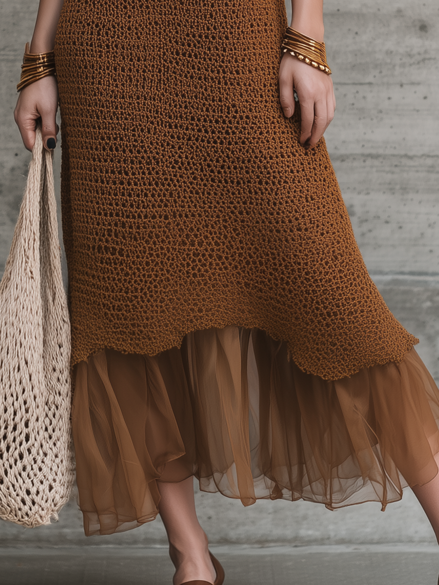 Elegant Brown Knit Layered Maxi Dress