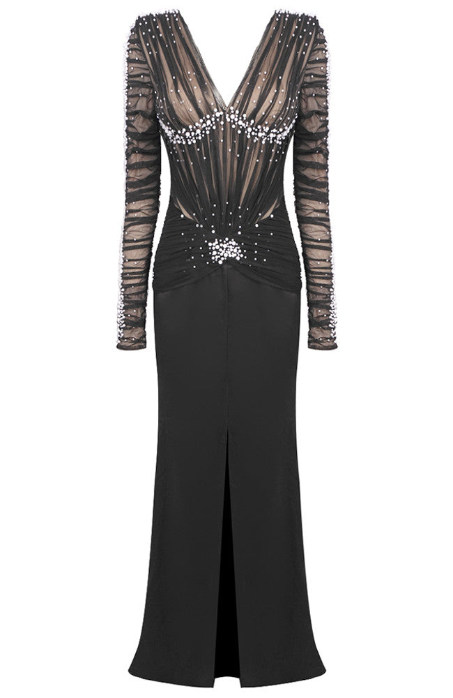 Long Sleeve Embellished Ruched Mesh Maxi Dress Black