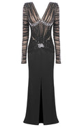 Long Sleeve Embellished Ruched Mesh Maxi Dress Black