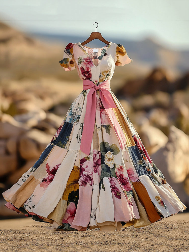 Vintage Floral Patchwork Art Pattern Art  V-neck Midi Dress