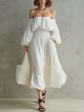 Romantic Off-white Off-the-shoulder Midi Dress