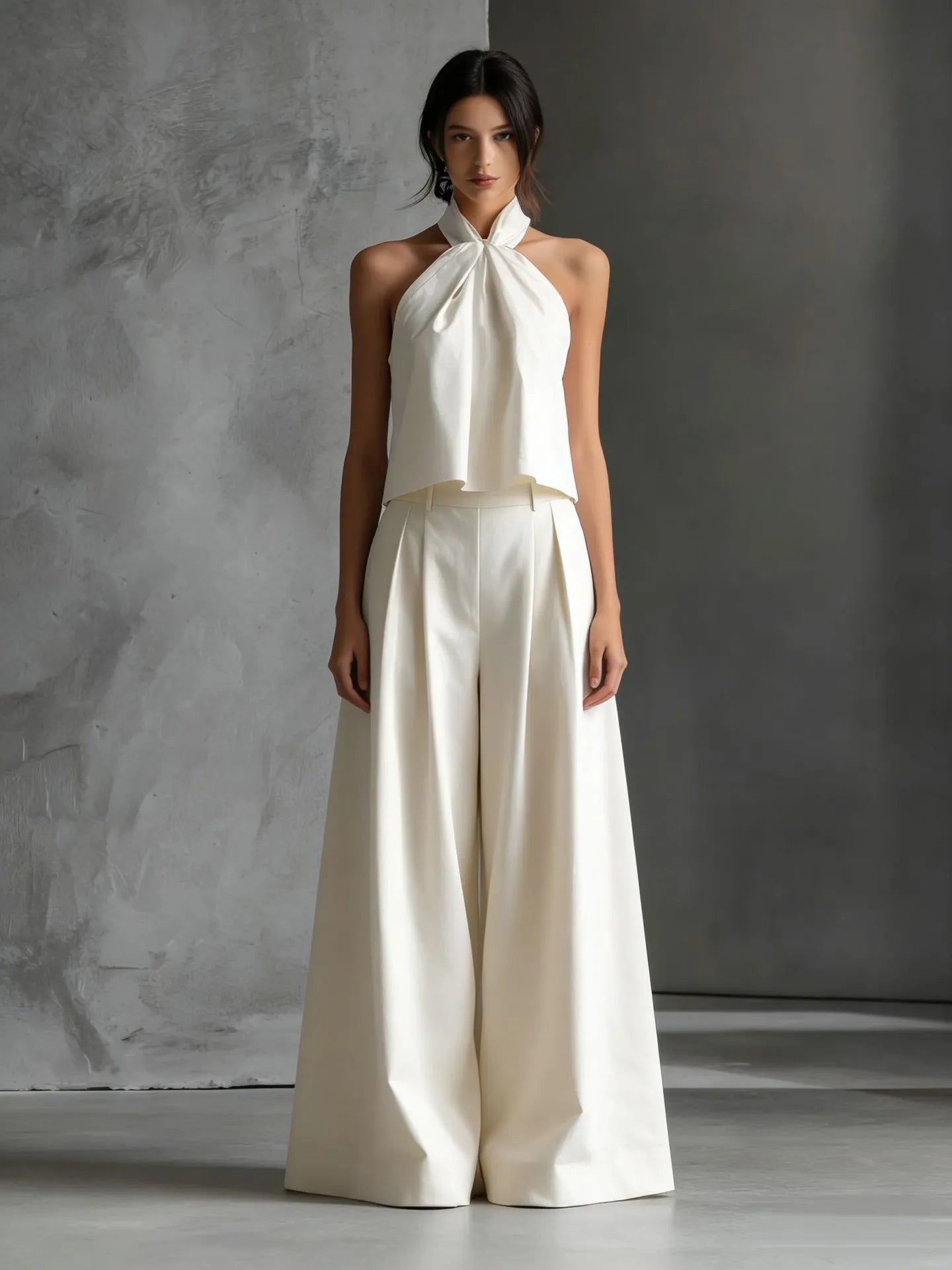 Minimalist Halter Neck Two-Piece Set - Chic Sleeveless Crop Top & High-Waisted Wide-Leg Pants Summer Suite