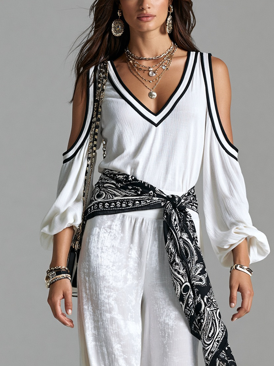 Bohemian White Off The Shoulder Top And Glossy Trousers Set