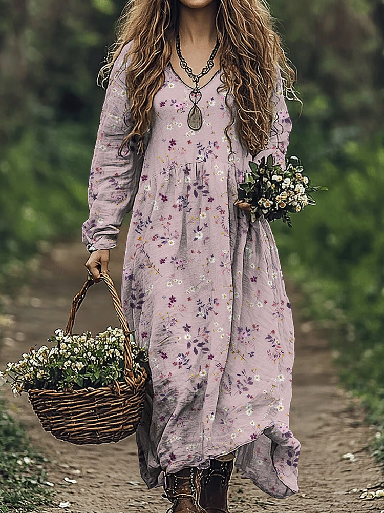 Vintage Wildflowers Floral Art Linen Blend Maxi Dress