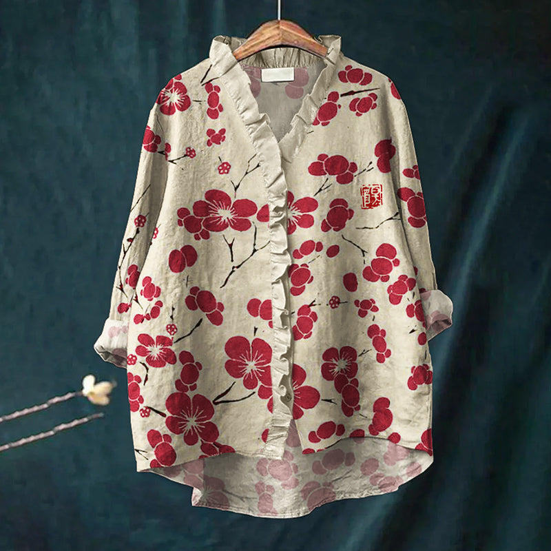 Cherry Blossom Japanese Lino Art Ruffle Trim Linen Blouse