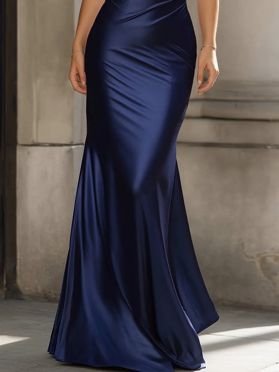 Navy Satin Halter Neck Ruched Maxi Dress