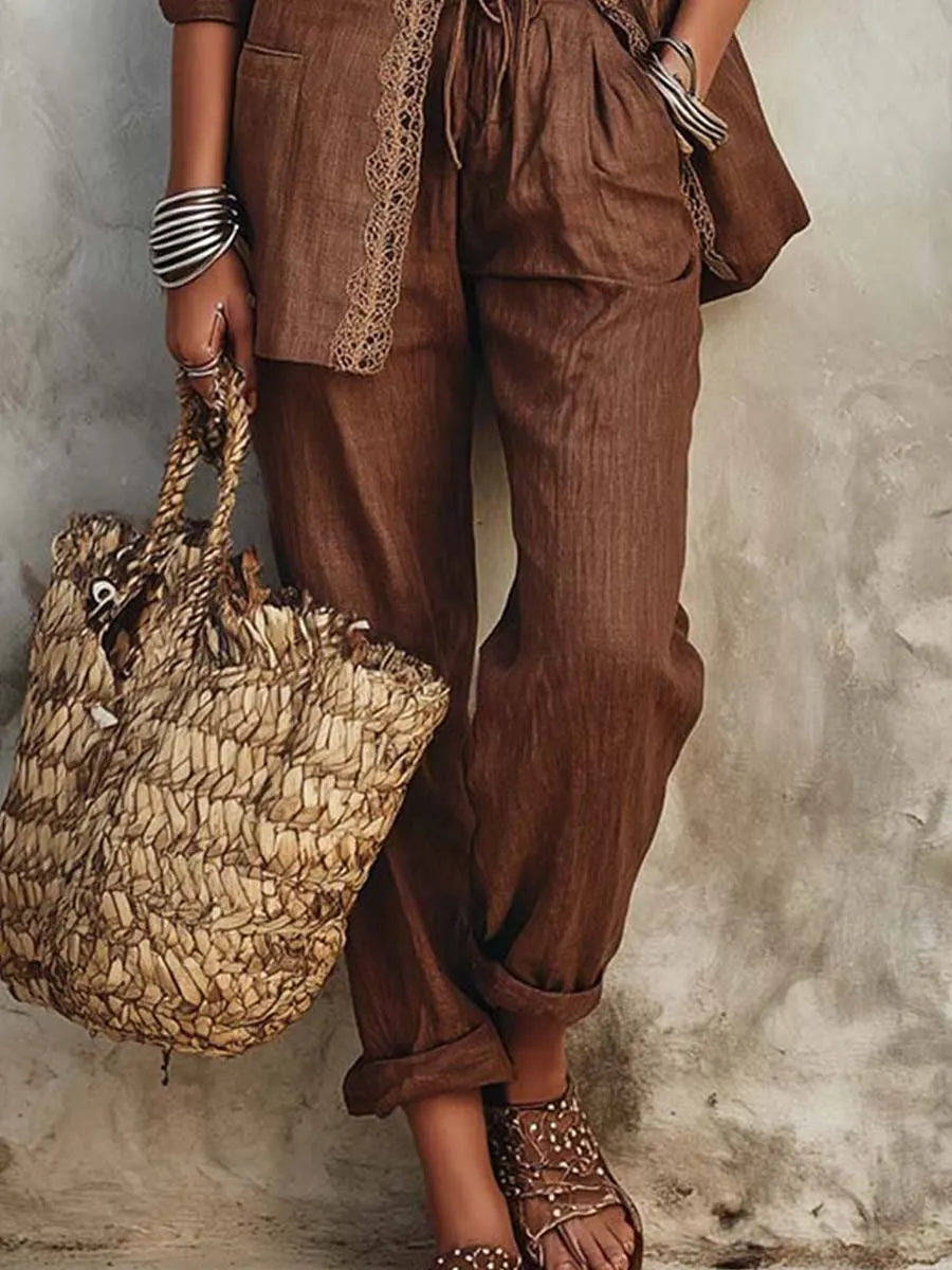 Vintage Lace Trim Cotton-linen Suit Set