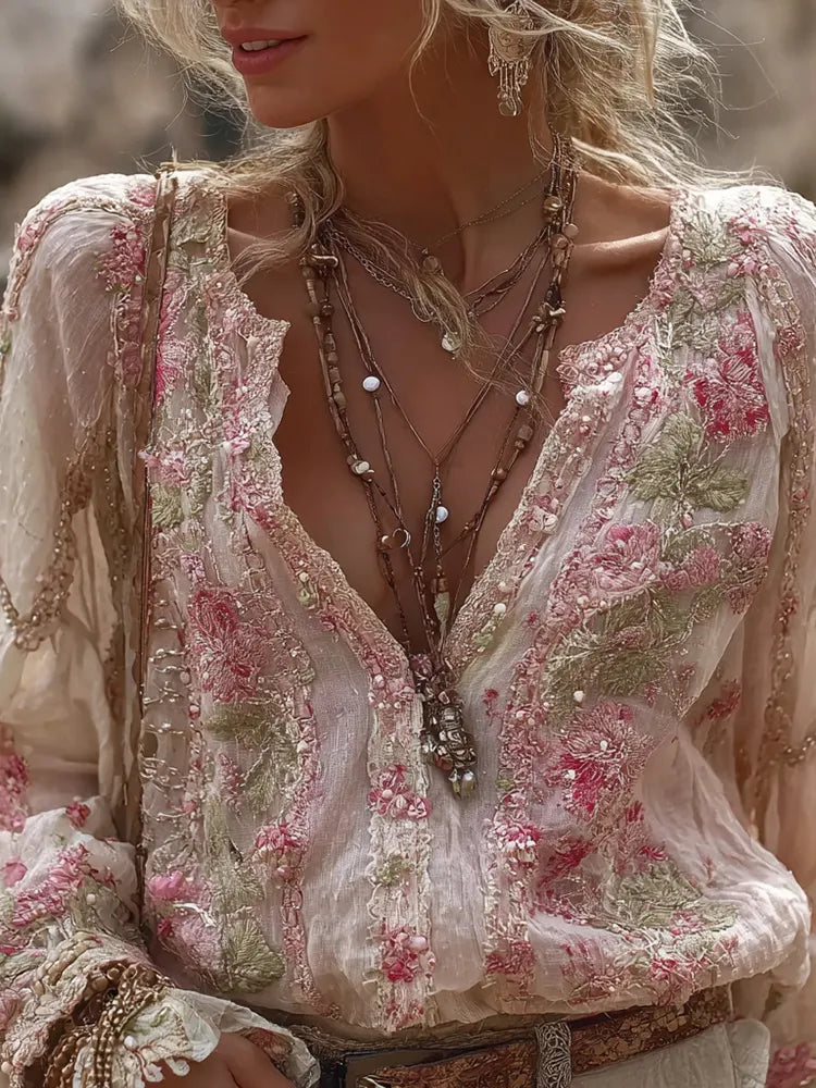 Women's Vintage Floral Embroidery Casual V-neck Shirt