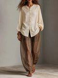 Old Money Style Cotton-Linen Shirt And Tencel Linen Wrinkled Wide-Leg Pants Two-Piece Set