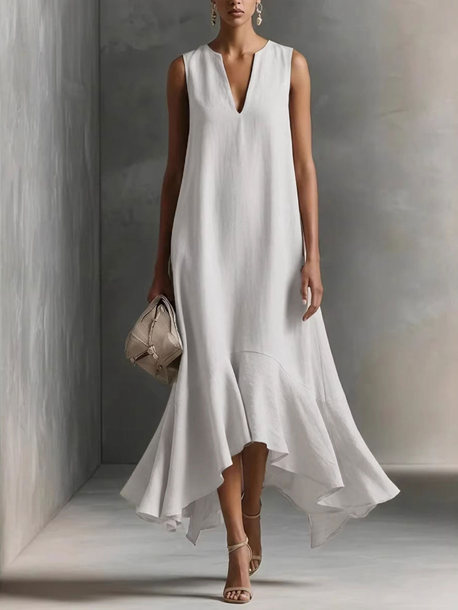 Women's Cotton-linen Deep V-neck And Asymmetrical Hem Elegant Slimming Sleeveless Dress