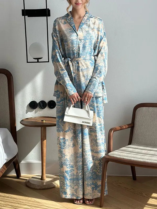 Buttoned Printed Tied Waist High Waisted Long Sleeves Notched Collar Two Pieces Set Pants Set