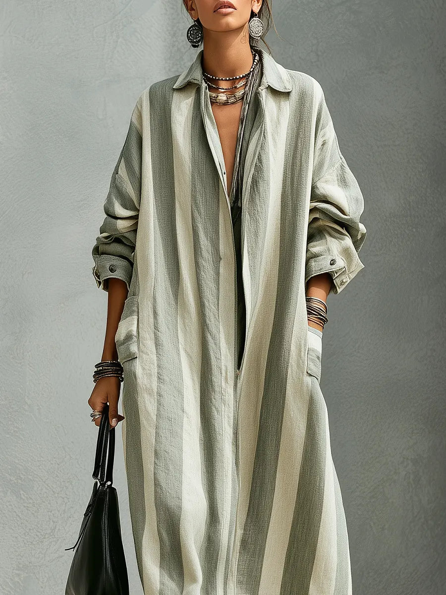 Bohemian Sage Striped Long Trench Coat
