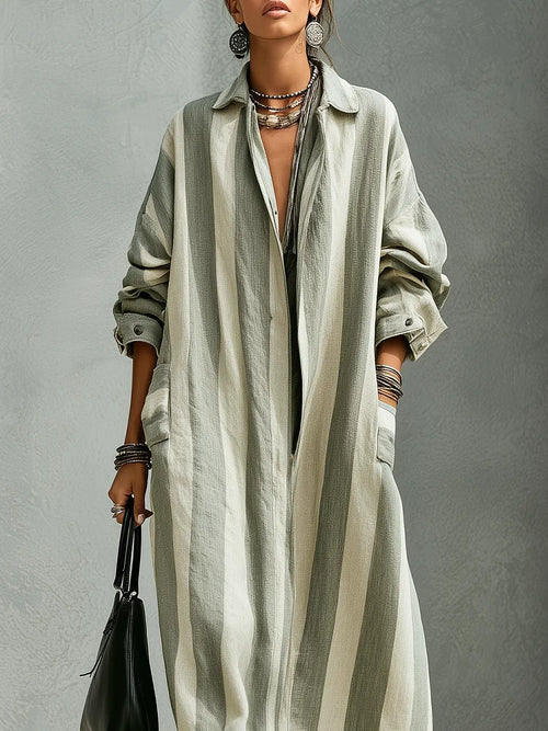 Bohemian Sage Striped Long Trench Coat