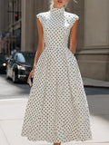 Vintage Polka Dot Mock Neck Cap-Sleeve Midi Dress