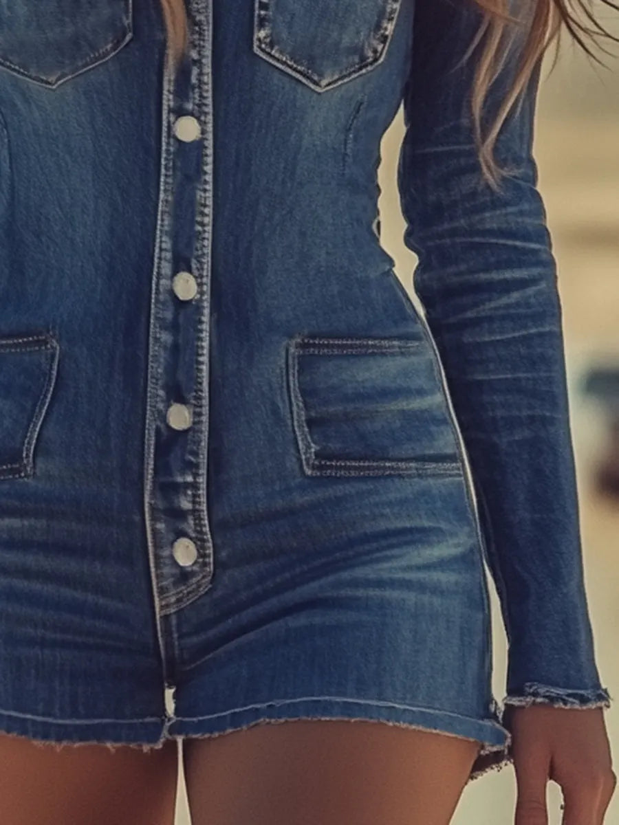Casual Retro Button Denim Blue Long Sleeve Jumpsuit