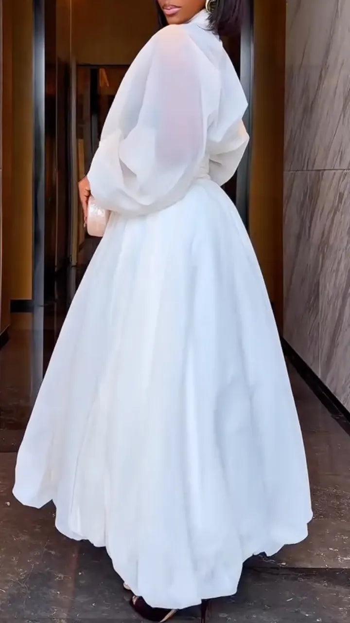 White Sheer Puff‑Sleeve Bubble‑Hem Midi Dress