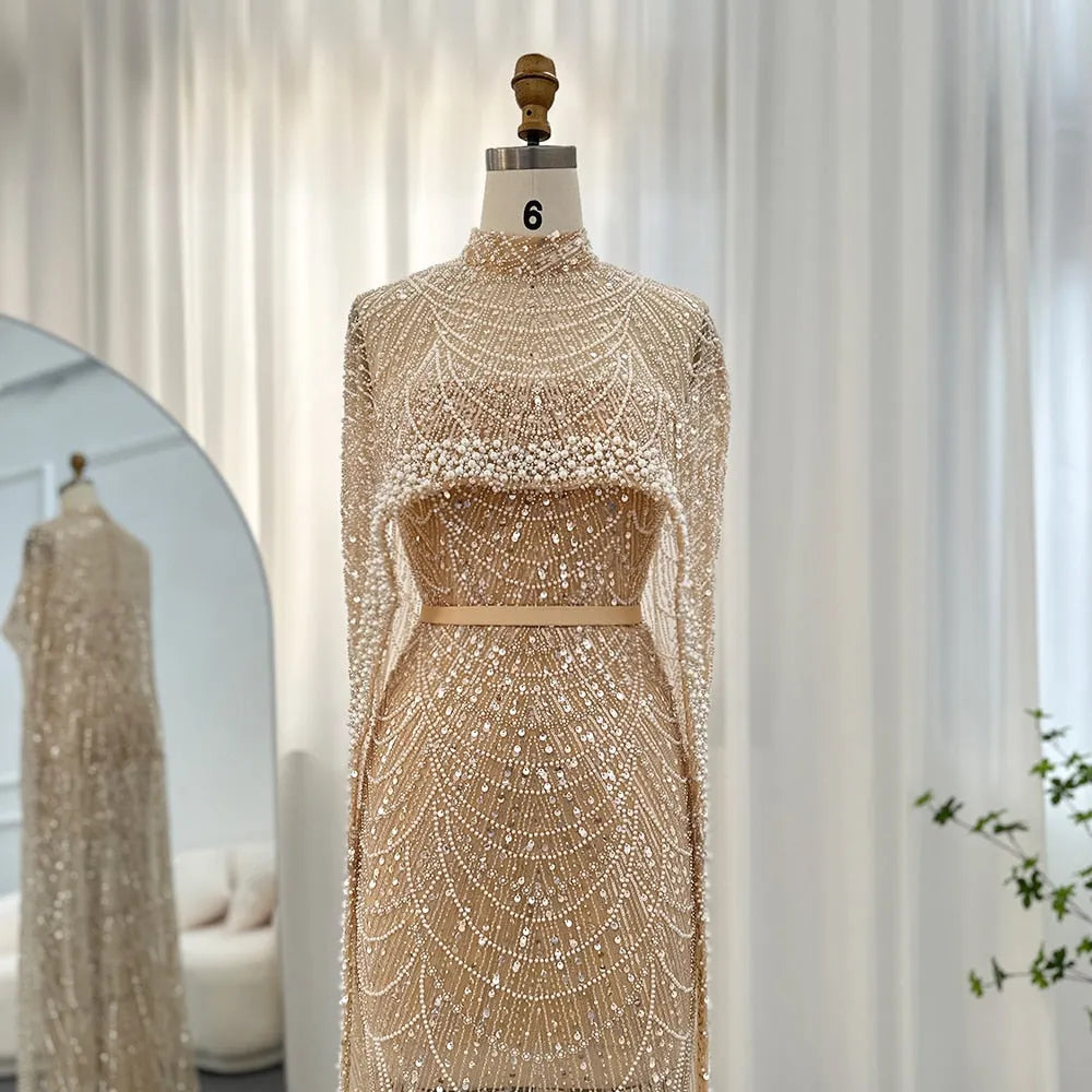 Dreamy Vow Luxury Pearls Dubai Champagne Evening Dresses with Cape 2023 New Arabic Women Mermaid Wedding Party Prom Dress 369