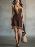 Elegant Dark Brown Lace Trim Slip Mini Dress
