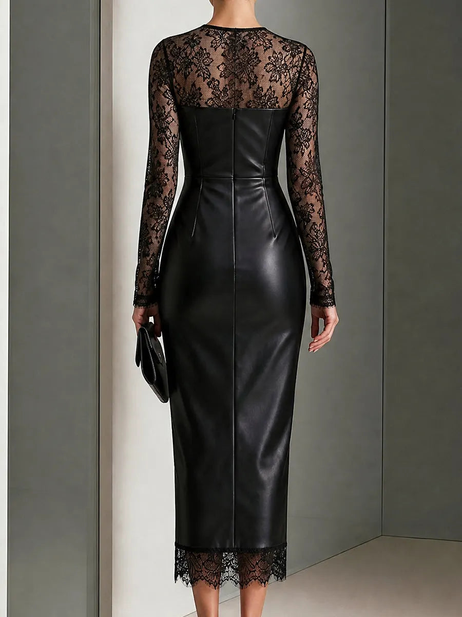Lace-Panel Faux Leather Midi Dress
