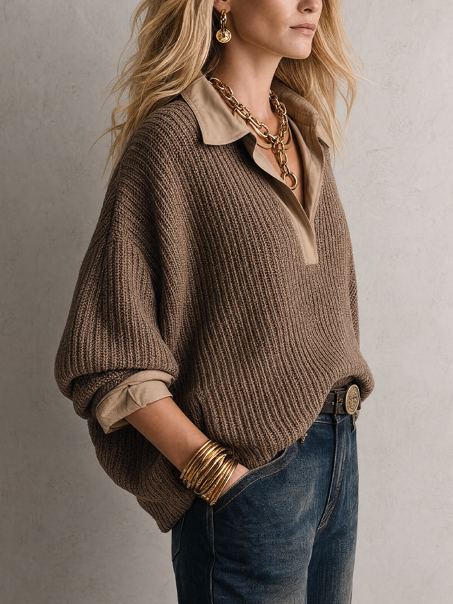 Relaxed Luxe Collared V-Neck Textured Knit Sweater Top