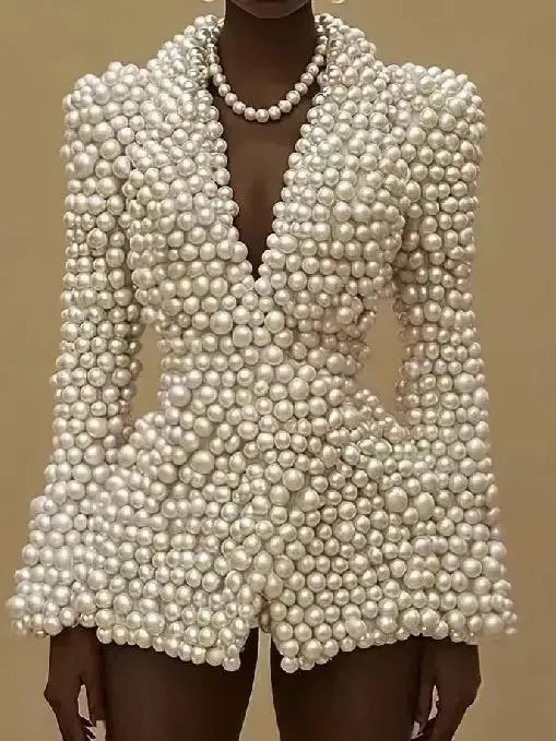 White Full Pearl-Embellished Blazer with Lining