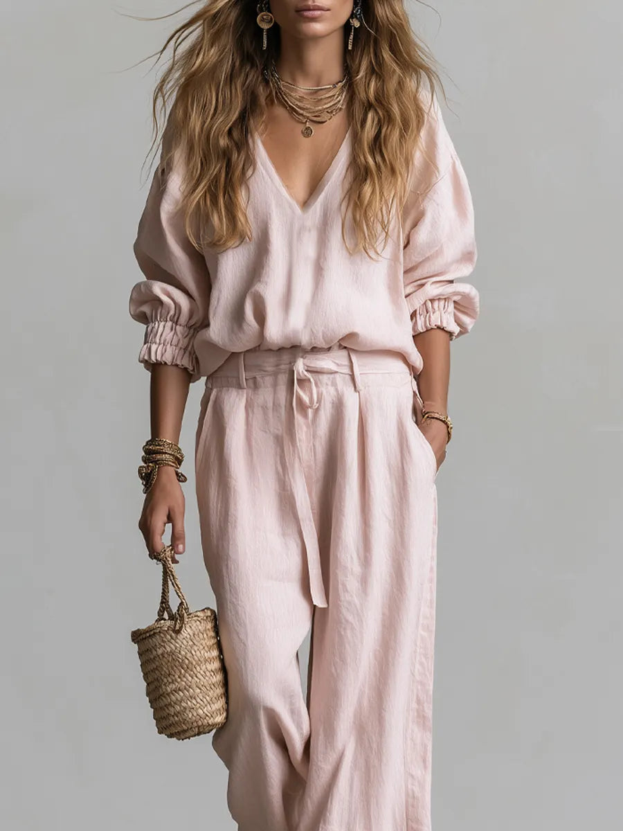 Bohemian Pink Linen Pants Suit