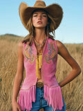 [24-hour shipping out]Casual Loose Vintage Gold Embroidery Pink Suede Tassel Vest