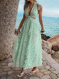 Tiered Split-Joint Solid Color Jacquard Backless Sleeveless High Waisted Halter-Neck Maxi Dresses