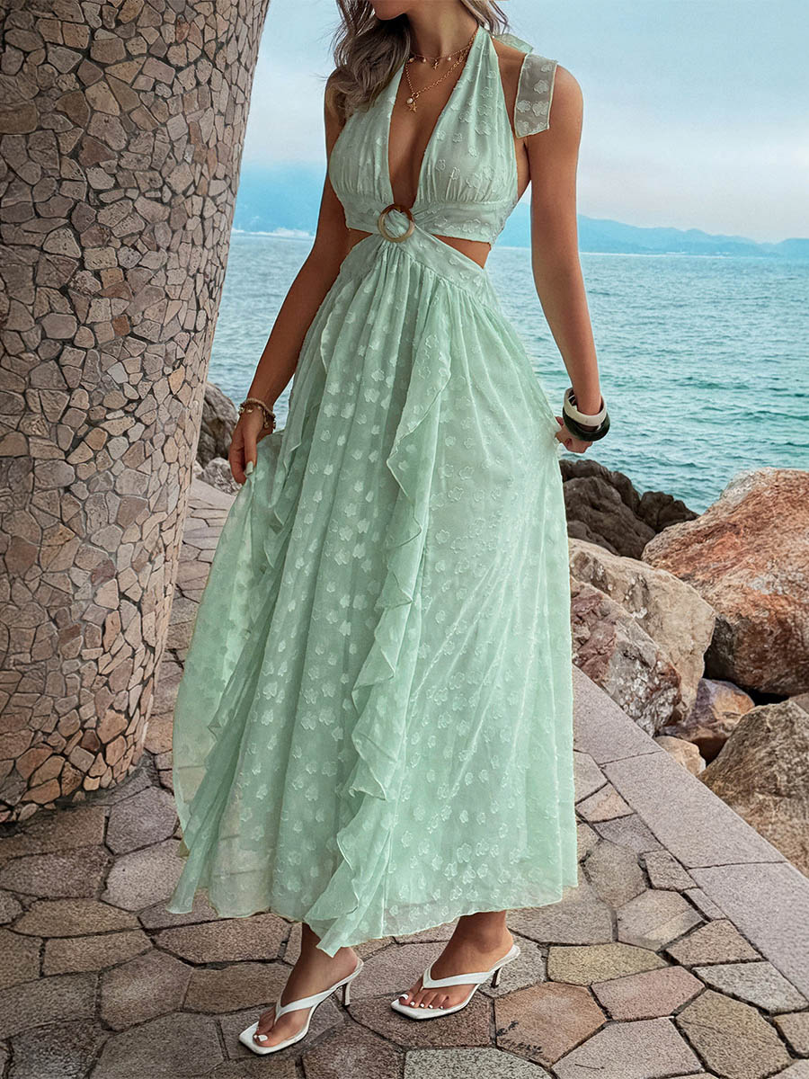 Tiered Split-Joint Solid Color Jacquard Backless Sleeveless High Waisted Halter-Neck Maxi Dresses