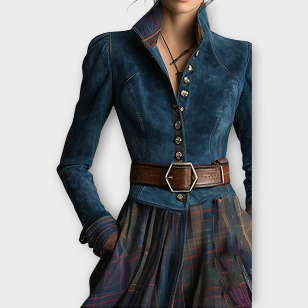 Vintage Plaid Maxi Dress with Fitted Jacket Bodice