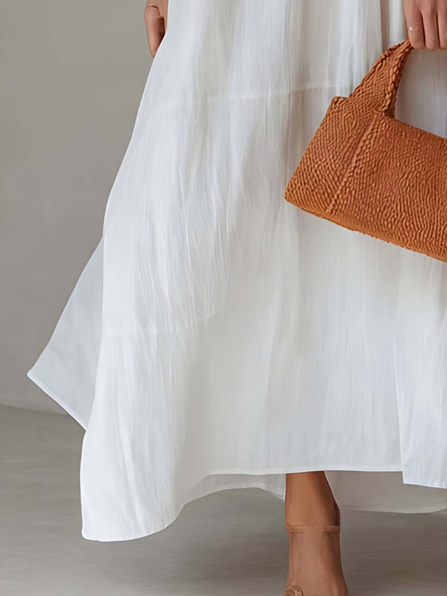 Loose Stand V Neck A-line Cotton Linen Midi Dress