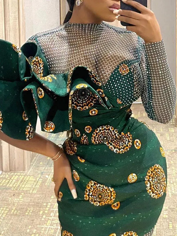 Elegant Long Sleeve Floral Printed Falbala Mesh Wrap Maxi Dress