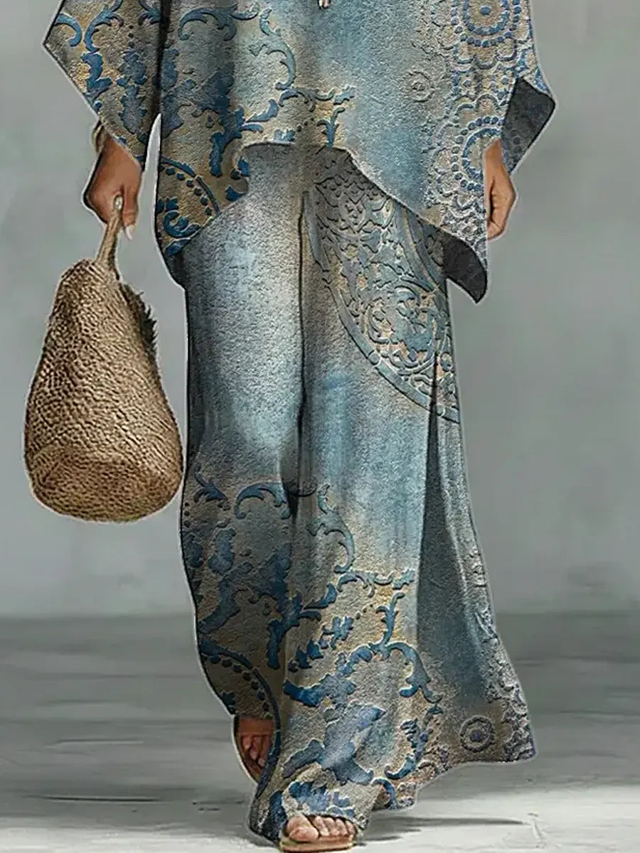 Women's Vintage Floral Art Comfortable Loose Cotton Linen Wide-leg Pants Two-piece Set