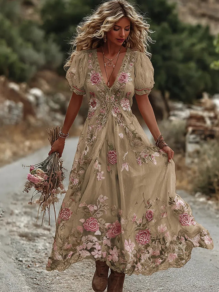 Women's Vintage Rose Embroidery Art Comfy Linen Maxi Dress