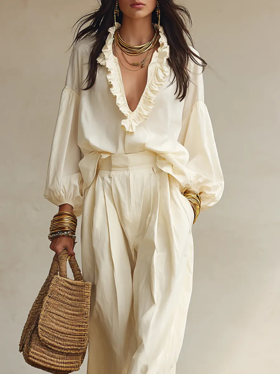 Elegant Ivory Lightweight Cotton-blend Ruffled  Wide-leg Trousers Set