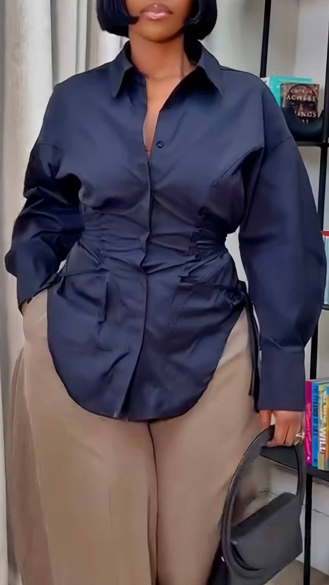 Black Corset Shirt & Beige Trouser Set