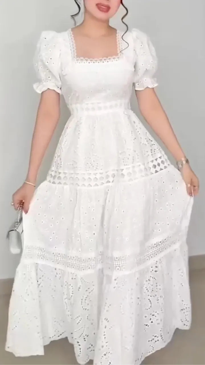 White Eyelet Embroidery Midi Dress