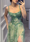 Multi-Color Floral Crystal Beaded Spaghetti Strap High Split Tulle Maxi Evening Dress, Formal Prom Pageant Gown
