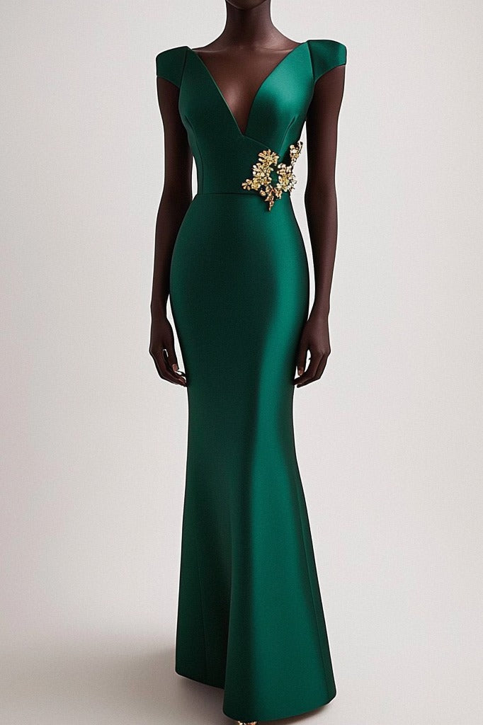 Formal Evening Dress Green V Neck Floral Decoration Maxi Dress