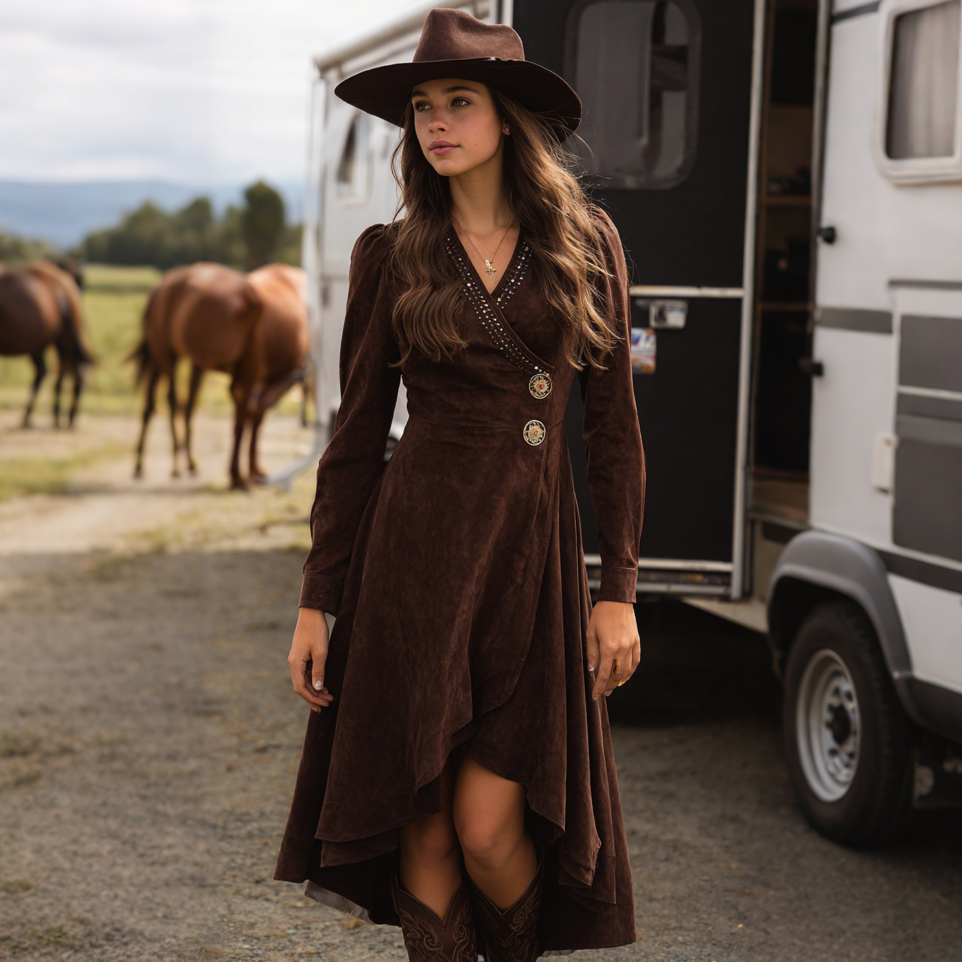 Women's Retro Western Style Mid-Neck Long Sleeve Maxi Dress