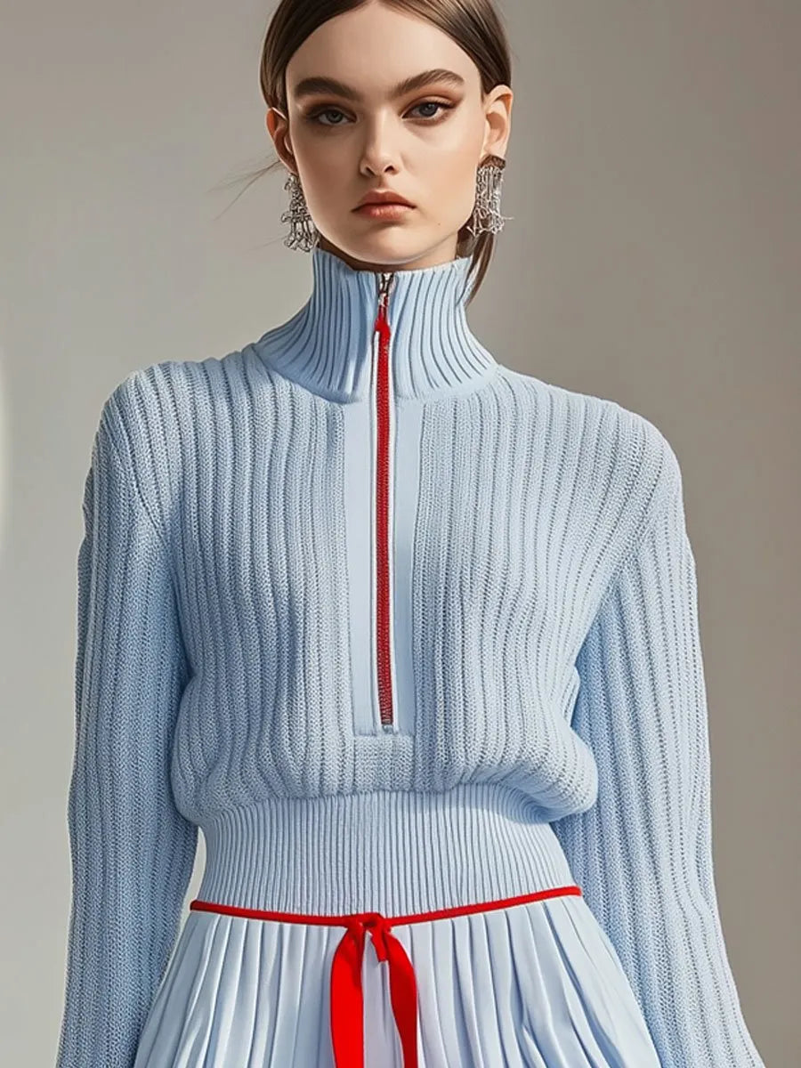 [24-hour shipping out]Casual Fashion Stand Collar Zipper Knitted Sweater Culotte Sports Set