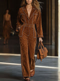 [24-hour shipping out]Casual Loose Vintage Exposed Pocket Long Sleeve Suede Jumpsuit