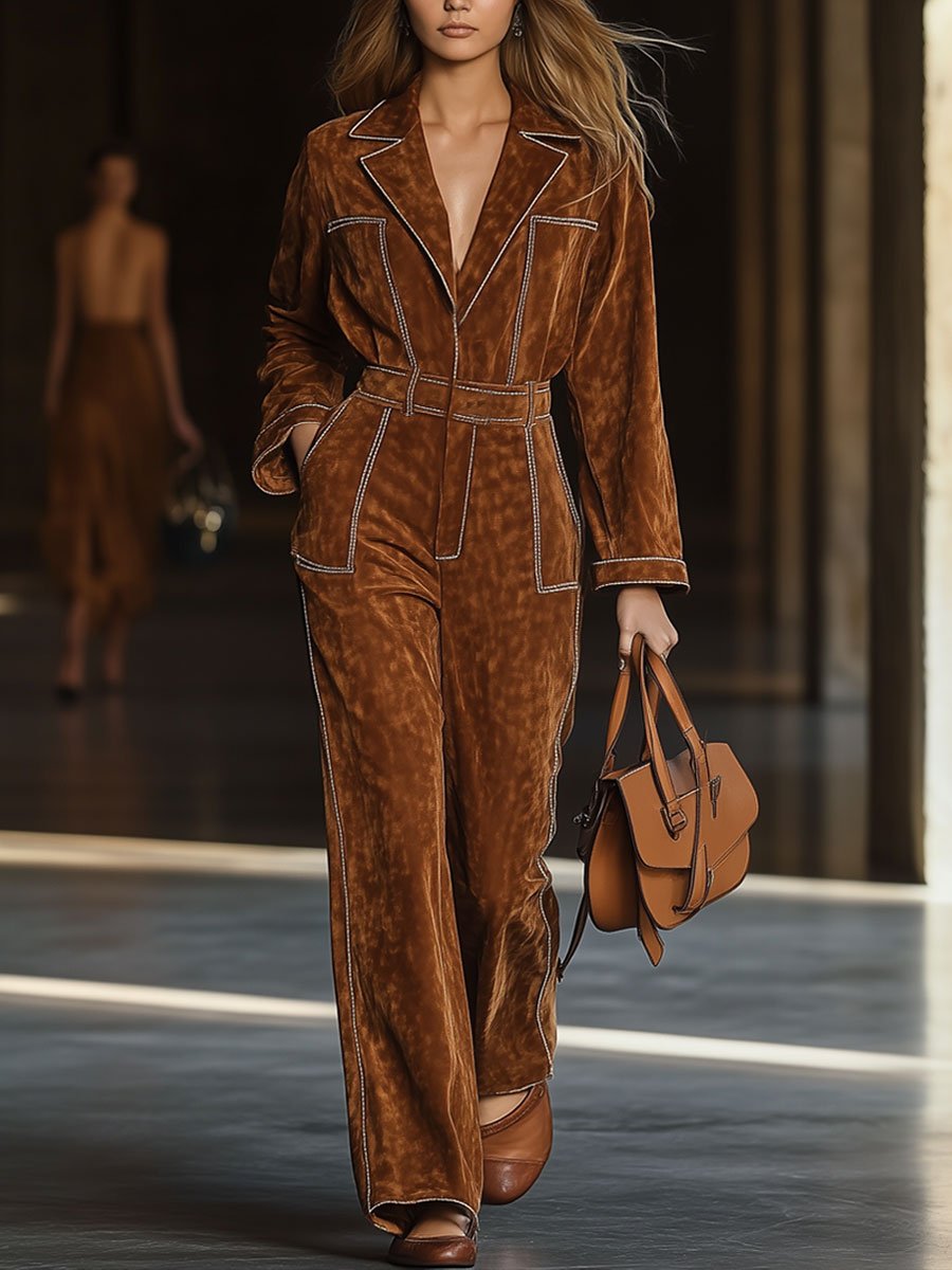 [24-hour shipping out]Casual Loose Vintage Exposed Pocket Long Sleeve Suede Jumpsuit